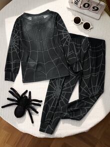 SHEIN 小男孩黑色蜘蛛圖案休閒極簡修身舒適加厚長袖圓領居家服褲裝，適合秋冬 - 黑色 - 查看 2