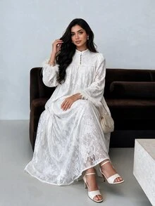 Yasmyna Women's Lace Pleated Casual Party Arabian Dress - White - View 4
