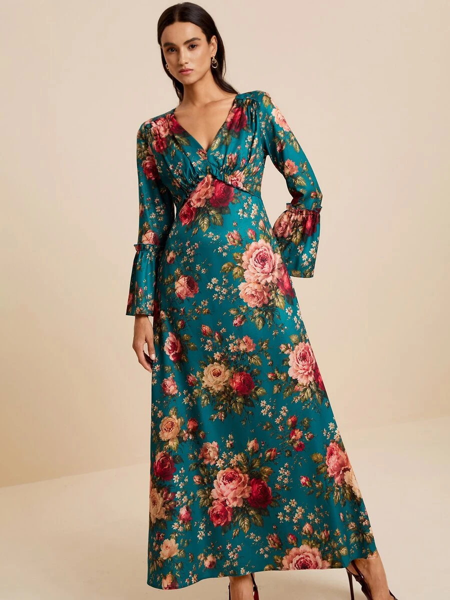 LOTSLUV Women's Elegant Autumn Commute, Dark Green Floral Print, V-Neck Long Sleeve Ruched Fitted Printed Dress - Green - View 1