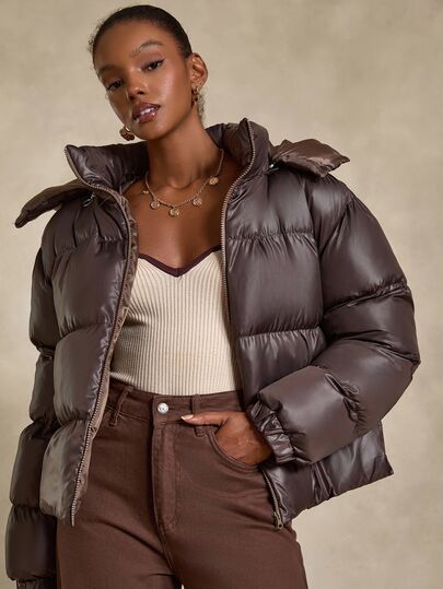 SHEIN Cottnline Plus Women's Brown Ultra Puffer Jacket With Removable Hood, Ultra Padded, Loose Fit