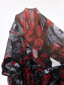 ROMWE Plus Size Women's Off-Shoulder Cold Shoulder Gothic Rose Skull Print Sexy Top - Red and Black - View 7