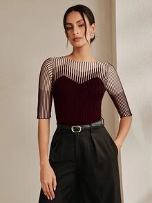 Anewsta French Style Spring/Summer Elegant Sophisticated Sexy Hollow Mesh Fitted Knit T-Shirt - Redwood - View 3