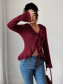 Elenzga Christmas Party Ruffle TieFront Fuzzy Knit Long Sleeve Slim Goingout Top - Burgundy - View 4