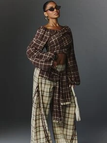 NYA SZN Pant Tie Button Up Plaid Stripe Holiday Festival Special Occasion Everyday Casual Work Concert Going Out Club Cozy Party Brown Neutral Fall Winter - Brown - View 3