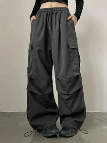 DAZY Women's Solid Color Drawstring Waist Casual Daily Long Pants - Dark Grey - View 1
