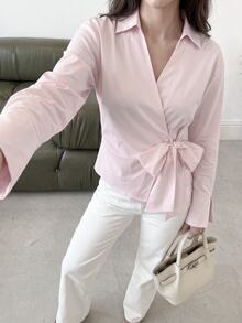 Modelyn Women's Solid Color Side Waist Tie Long Sleeve Casual Shirt - Pink - View 3