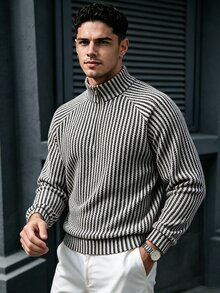 TONEVAULT Men's Striped Raglan Long Sleeve Zip Half-Placket Casual Sweatshirt - White - View 2