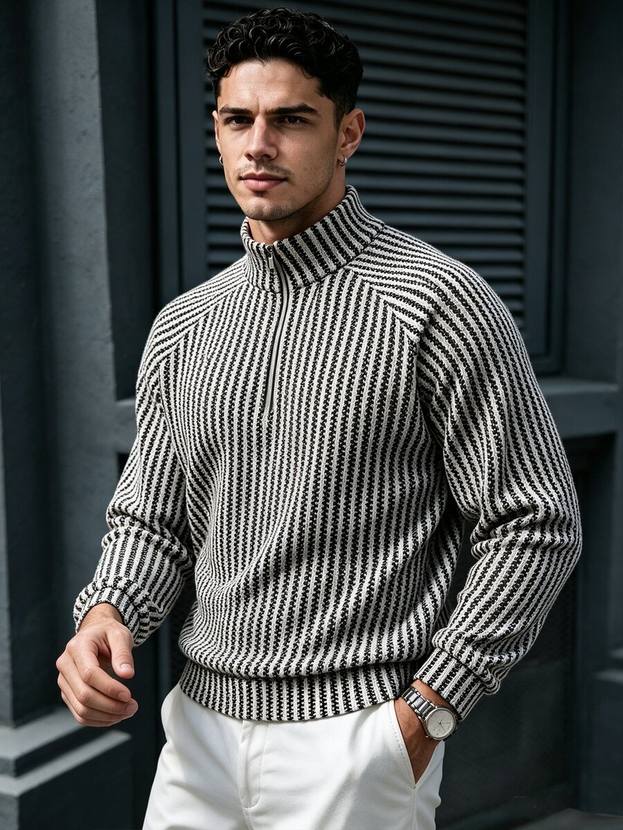 TONEVAULT Men's Striped Raglan Long Sleeve Zip Half-Placket Casual Sweatshirt