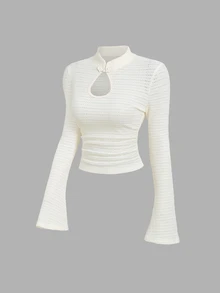 Sweetra Women's Spring/Autumn Apricot Textured Fabric Water Drop Hollow Design Flare Sleeve Long Sleeve T-Shirt Top - Apricot - View 1