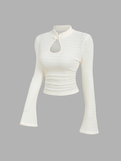 Sweetra Women's Spring/Autumn Apricot Textured Fabric Water Drop Hollow Design Flare Sleeve Long Sleeve T-Shirt Top