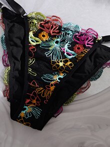 Crystal Vow Black Base Multicolor Floral Embroidered Lace Lingerie Set, Adjustable Spaghetti Strap Back Hook Underwire Bra, Low Waist Spaghetti Strap Women's Triangle Panty 2 Pieces Set - Multicolor - View 6