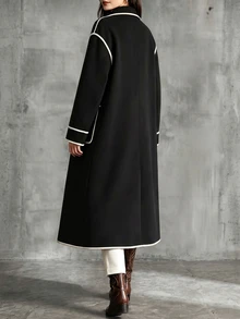 LUMIGAL Women's Autumn/Winter Lapel Neck Long Sleeve Trimmed Casual Overcoat - Black and White - View 2