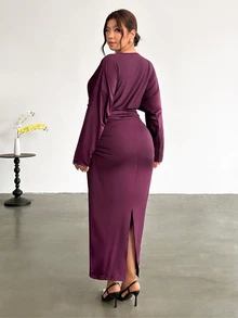 Firerie Plus Size Purple-Red Ruched Waist V-Neck Long Sleeve Dropped Shoulder Fishtail Maxi Dress For Party And Date - Red Violet - View 4
