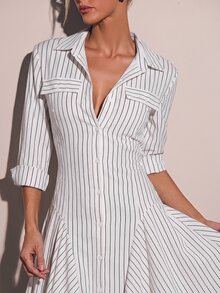 COSMINA 女款簡約百搭條紋鈕扣商務洋裝 - 白色 - 查看 5