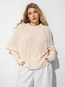 Maija Plus Size Women's Round Neck Batwing Long Sleeve Fashion Pullover Sweater - Beige - View 1