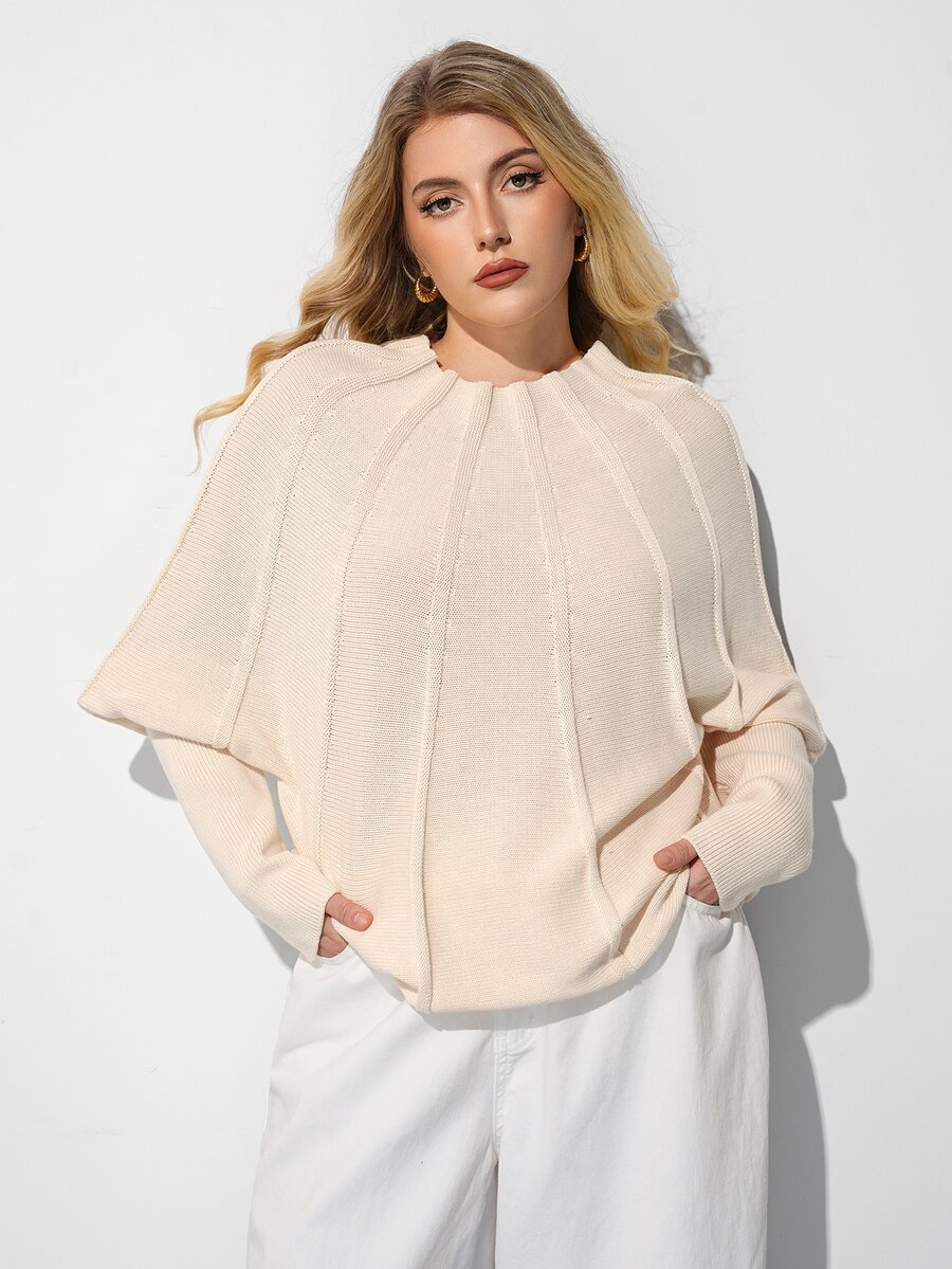 Maija Plus Size Women's Round Neck Batwing Long Sleeve Fashion Pullover Sweater - Beige - View 1