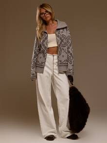 MUSERA Bandana Print Zip Through Tall Funnel Neck Knitted Oversized Cardigan Fall Autumn Winter Christmas - Grey - View 2