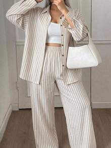 Dazy Plus Fun Commute Office Casual Striped Loose Fit Spring/Autumn New 2 Pieces Set - Apricot - View 1