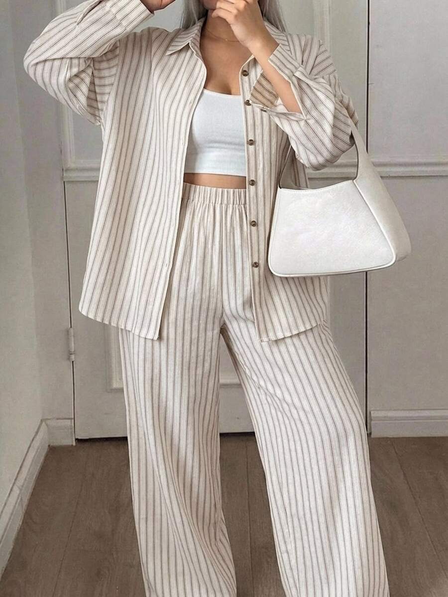 Dazy Plus Fun Commute Office Casual Striped Loose Fit Spring/Autumn New 2 Pieces Set - Apricot - View 1
