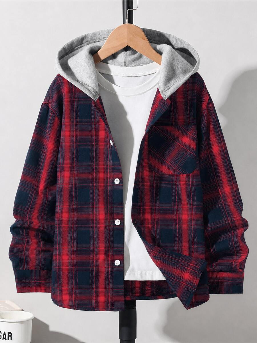 SHEIN 兒童青少年男孩黑白格紋拼色梭織鈕扣連帽襯衫,街頭風附口袋,夏季休閒校園返校冬季上衣 - 紅色 - 查看 1