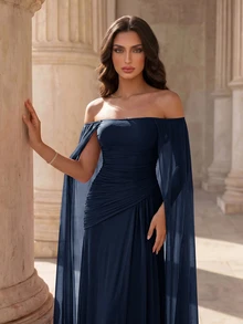 Coutiva Women's Cold Shoulder Pleated Elegant Formal Graduation Evening Gown Opening Ceremony, Birthday Party, Wedding, Prom Navy Blue Fall - Navy Blue - View 7