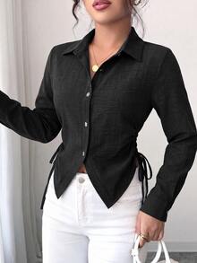 SHEIN Elenzya 女款素色長袖單排扣側腰抽繩休閒襯衫 - 黑色 - 查看 3