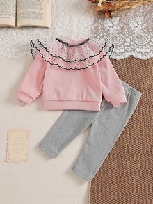 SHEIN 2件組女嬰公主風粉灰波點網紗荷葉邊蝴蝶結長袖圓領休閒連身褲外套套裝，秋季度假款，羅紋設計 - 粉色 - 查看 3