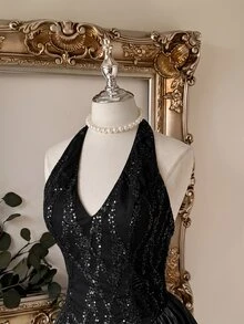 Lovelzi Women's Halter Neck Backless V-Neck Sleeveless Evening Dress With Asymmetrical Sexy Design, Suitable For Beach, Vacation, Wedding, Party, Graduation Party, Gift, Holiday, Date - Black - View 7