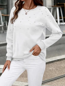 SHEIN LUNE 女款休閒優雅落肩珍珠裝飾套頭毛衣，適合秋季休閒早午餐，白色 - 米色 - 查看 4