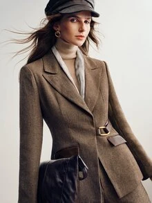 Briarwyn Women's Winter Solid Color Herringbone Patchwork PU Pocket Waist-Cinching Thickened Blazer Jacket - Coffee Brown - View 4