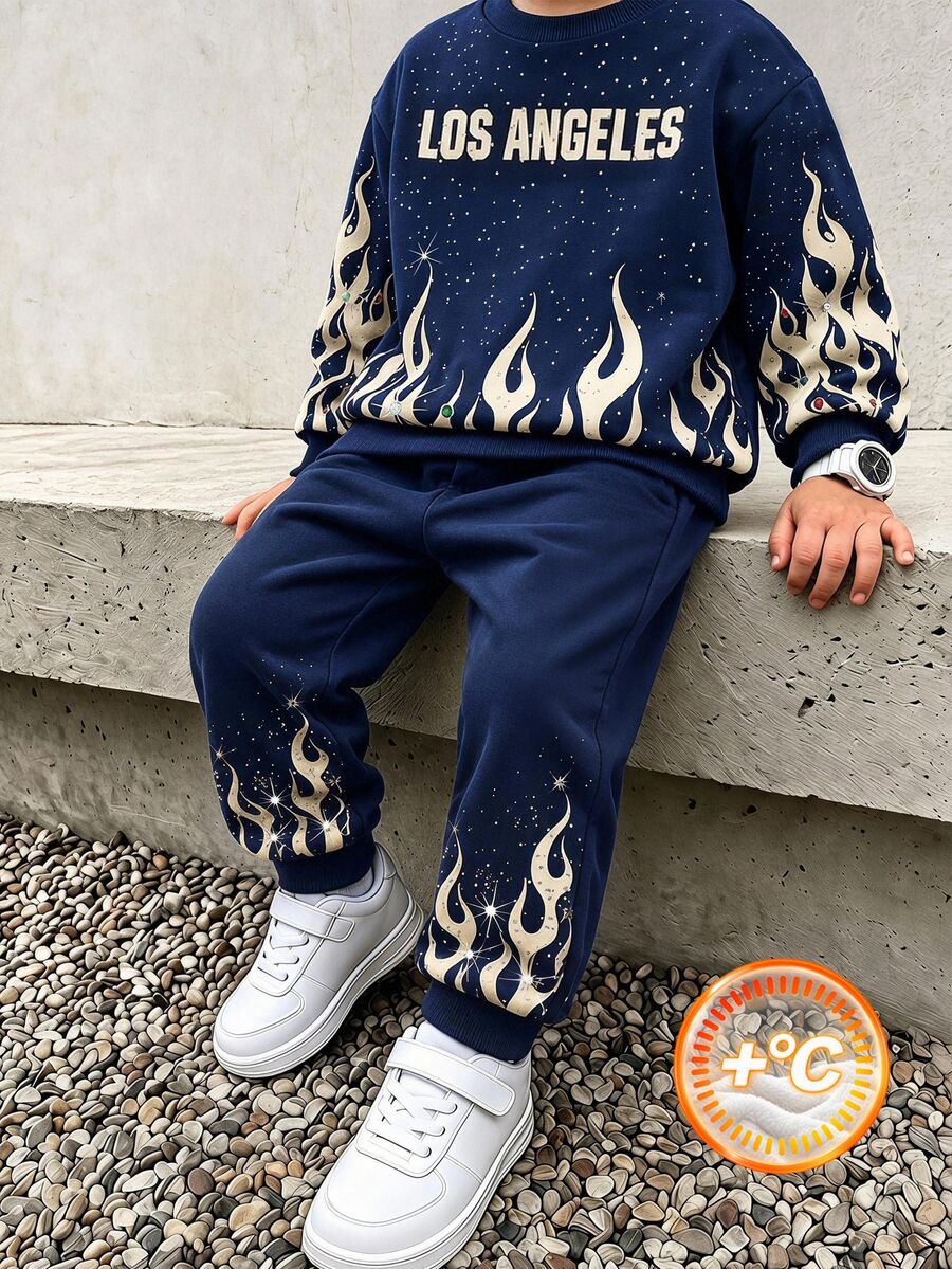 男童套裝,包含長袖套頭衫與長褲;柔軟舒適,寒冷天氣可搭配夾克以增加保暖與舒適感 - 彩色 - 查看 1