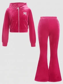 SHEIN 青少年女孩秋冬休閒時尚天鵝絨蝴蝶結水鑽連帽拉鍊運動衫與修身喇叭褲兩件套 - 玫紅色 - 查看 4