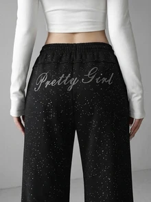 FRIFUL Women's Rhinestone Letter Pattern Drawstring Waist Casual Sweatpants - Black - View 3