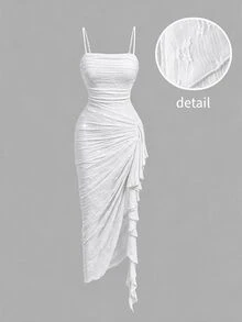 SHEIN MOD Women's Pleated Patchwork Ruffle Elegant Spaghetti Strap Midi Dress - White - View 3