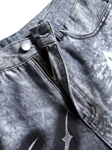 ROMWE MEN Street Life Celana Jeans Denim Pria Premium Abu-abu Serbaguna dengan Motif Grafiti Vintage - Grey - View 3