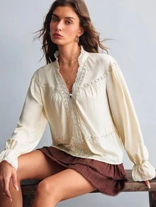 Willow Rêve Women's Contrast Lace V-Neck Long Sleeve Casual Blouse - Cream - View 7