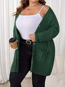 SHEIN CURVE+ 大尺碼女款落肩長袖單排扣商務休閒度假鄉村風冬季針織開襟衫 - 綠色 - 查看 7