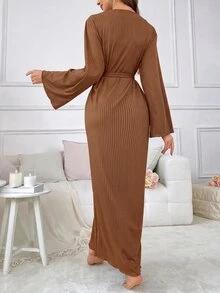 SHEIN 女款純色長袖重疊設計腰帶舒適居家休閒晨袍 - 咖啡棕 - 查看 7