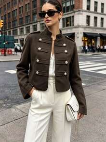 SHEIN Women's Small Stand Collar Multi-Row Metal Button Decor Fashion Versatile Short Long Sleeve Jacket - Brown - View 3