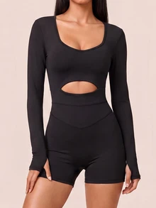 SHEIN BAE Women's Solid Color Round Neck Waist Cutout Slimming Fashion Long Sleeve Athletic Jumpsuit - Black - View 6