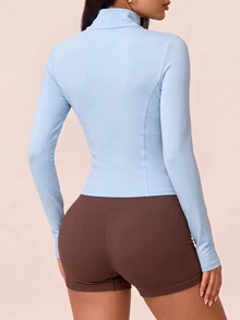 SHEIN BAE تي شيرت رياضي نسائي بنصف سحاب وأكمام طويلة - أزرق فاتح اللون - مشاهدة 3