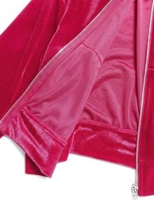 SHEIN 青少年女孩秋冬休閒時尚天鵝絨蝴蝶結水鑽連帽拉鍊運動衫與修身喇叭褲兩件套 - 玫紅色 - 查看 8
