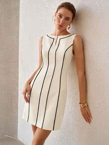 MOTF PREMIUM WOMEN'S FASHION STRIPED COLORBLOCK WAIST-CINCHED DRESS - Black and White - View 7