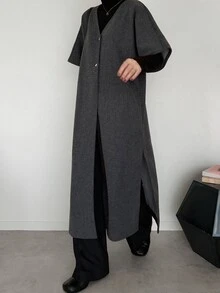 FRIFUL Áo khoác dáng dài nữ màu trơn, cài một hàng cúc, phong cách thường ngày thanh lịch, công sở, màu xám đậm, mùa thu - Xám - Xem 2