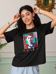 Chillnights Frida Kahlo X SHEIN ملابس علوية بيجامة نسائية بطبعة شخصيات وأكمام قصيرة - الأسود - مشاهدة 6