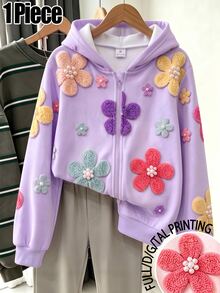1 Pc Young Girls Fall Style Floral Print Zip-Up Sweatshirt, Casual Fall Clothes - Multicolor - View 3
