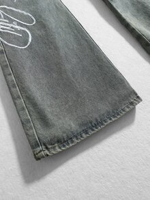 ROMWE MEN 男士口號刺繡牛仔褲，適合春夏日常穿著 - 銅色 - 查看 6