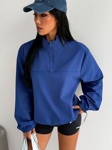 SHEIN Dewbera Women's Fashion Casual Solid Color Half-Zip Pocket Windbreaker Jacket - Navy Blue - View 7