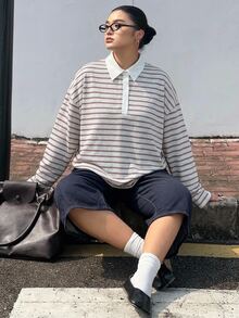 Dazy Plus 拼色拼接 Polo 領寬鬆條紋博主風休閒優雅款春夏新款 T 恤 度假正式灰色 - 酒紅色 - 查看 5