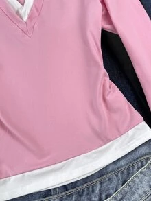 SHEIN 青少年女孩 T-shirt 春秋冬新款 粉色白色領口休閒學院風長袖 T-shirt，返校季，對比色襯衫領長袖休閒雙用途上衣 - 粉色 - 查看 6